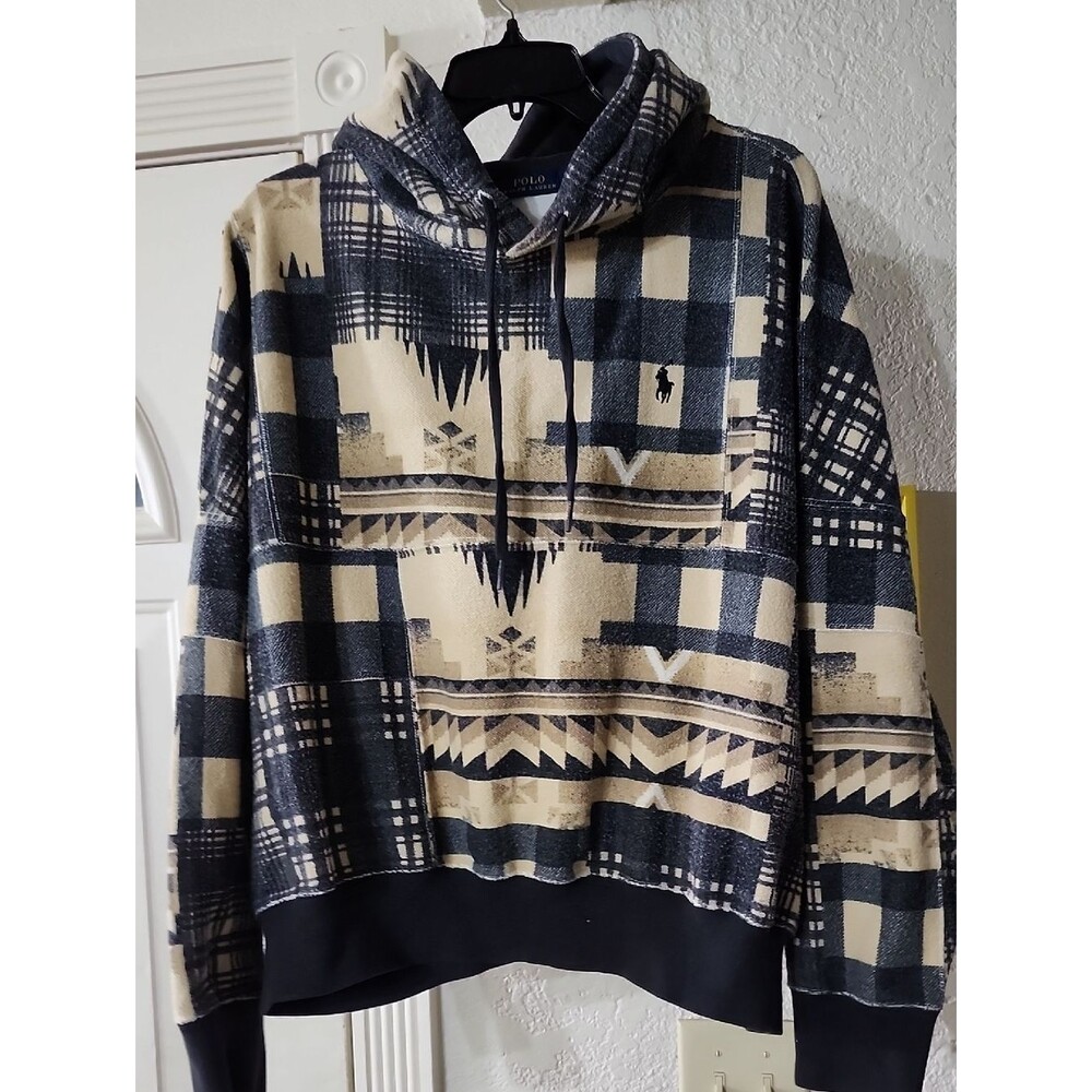 Polo by Ralph Lauren Navy & Cream Geometric Plaid Pullover Hoodie Sz L Womens